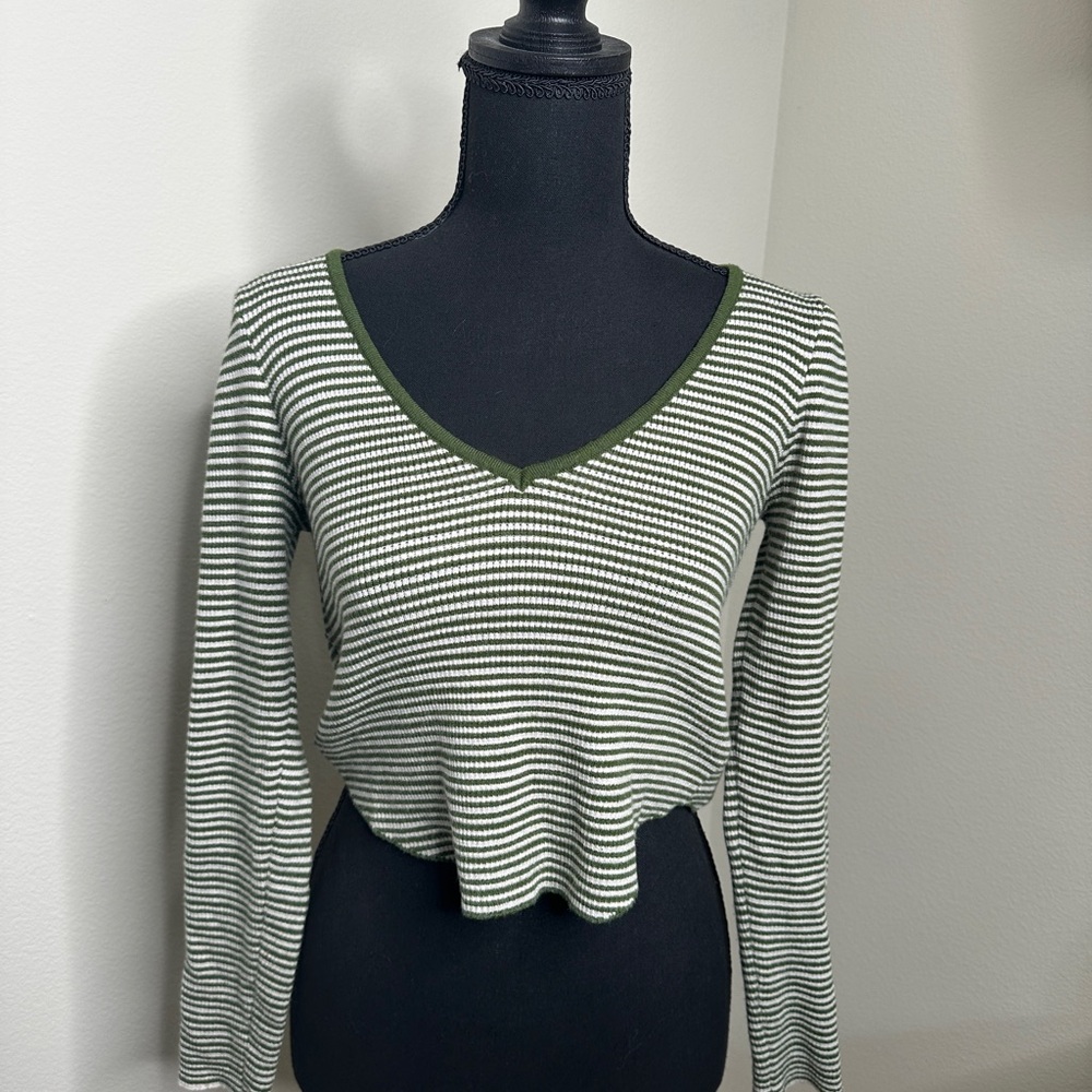 La Hearts Olive and White Striped V-Neck Long Sleeve Top